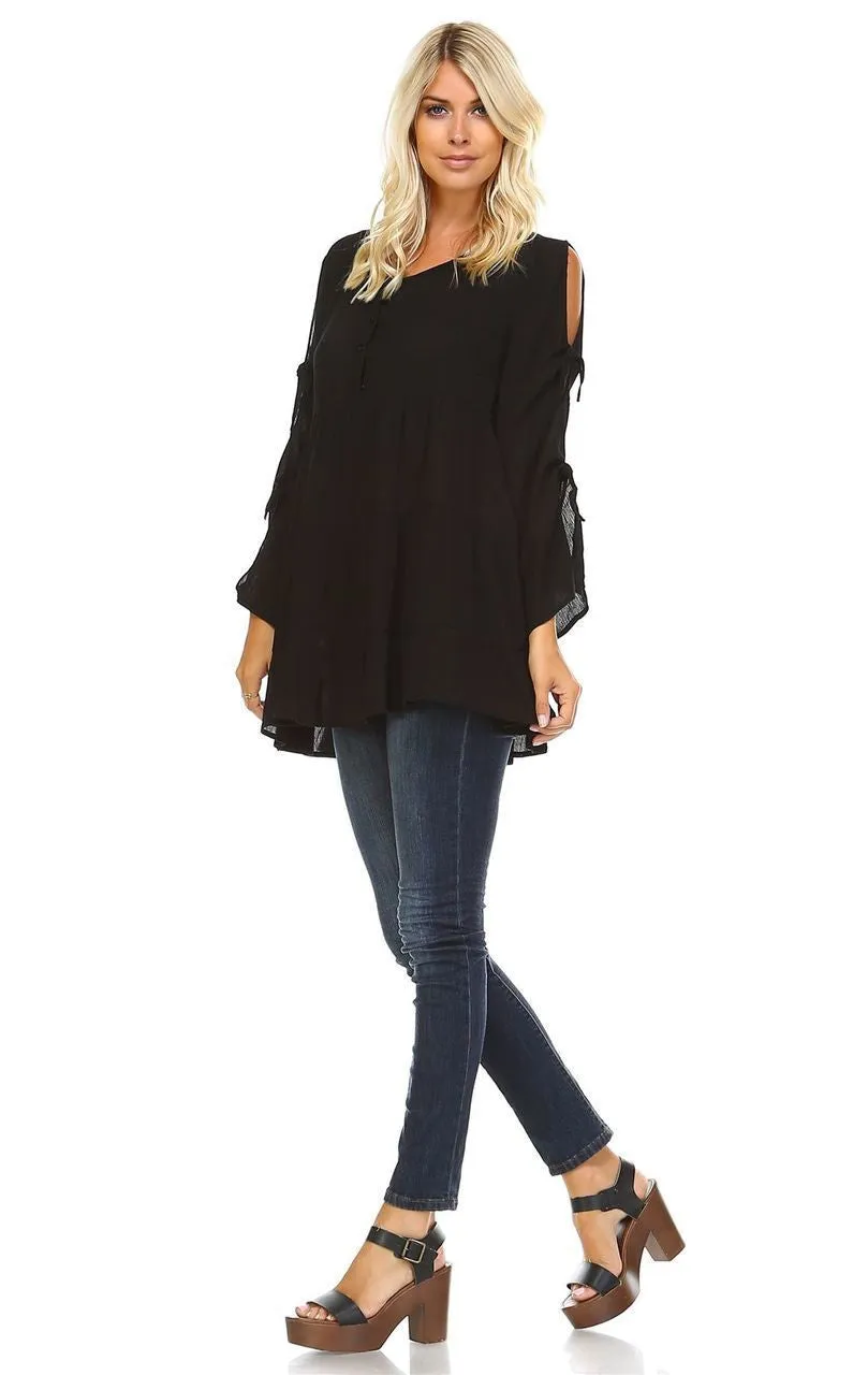 Cold Shoulder Ties Bell Sleeve Shirt Dress Henley Black