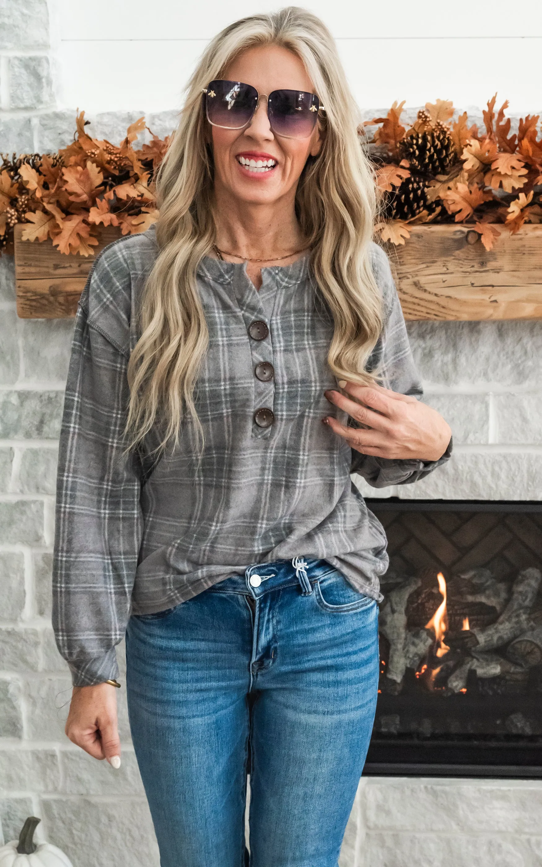 Comfortably Cozy Plaid Button Front - Charcoal