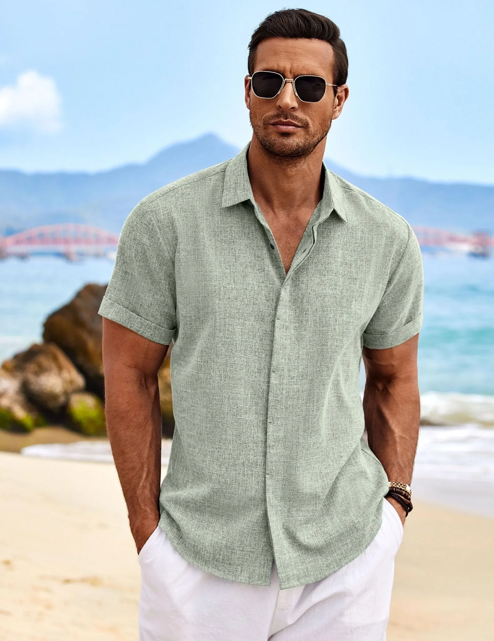 COOFANDY Men's Summer Beach Cotton Linen Short Sleeve Shirt Business Work Shirts Light Green