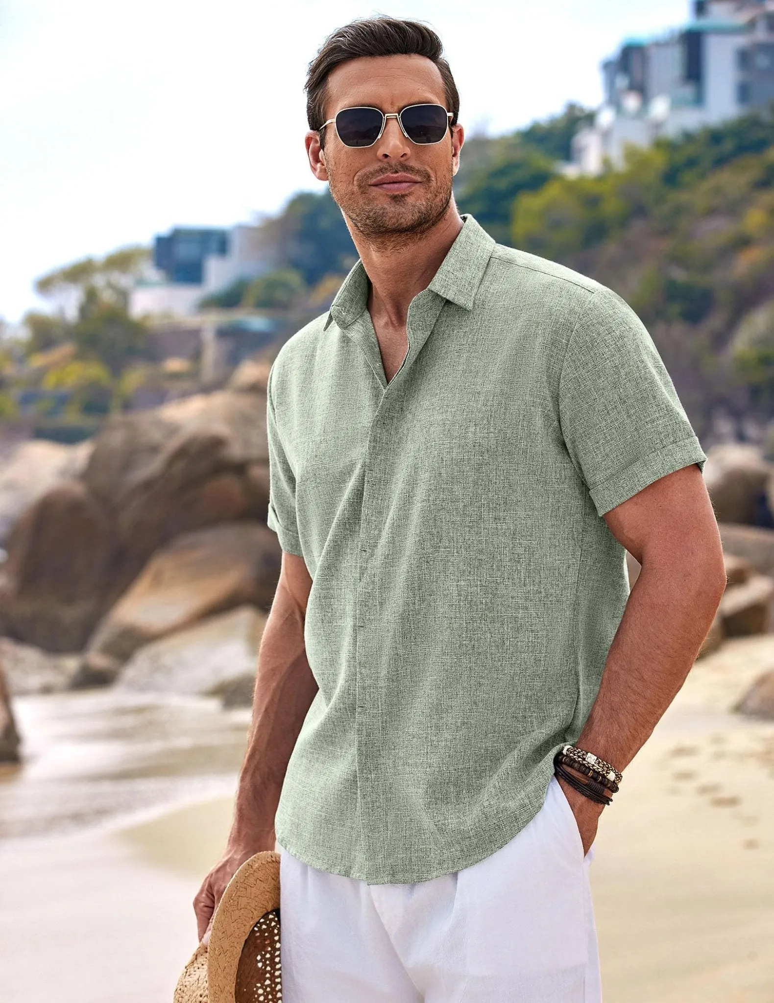 COOFANDY Men's Summer Beach Cotton Linen Short Sleeve Shirt Business Work Shirts Light Green