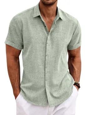 COOFANDY Men's Summer Beach Cotton Linen Short Sleeve Shirt Business Work Shirts Light Green