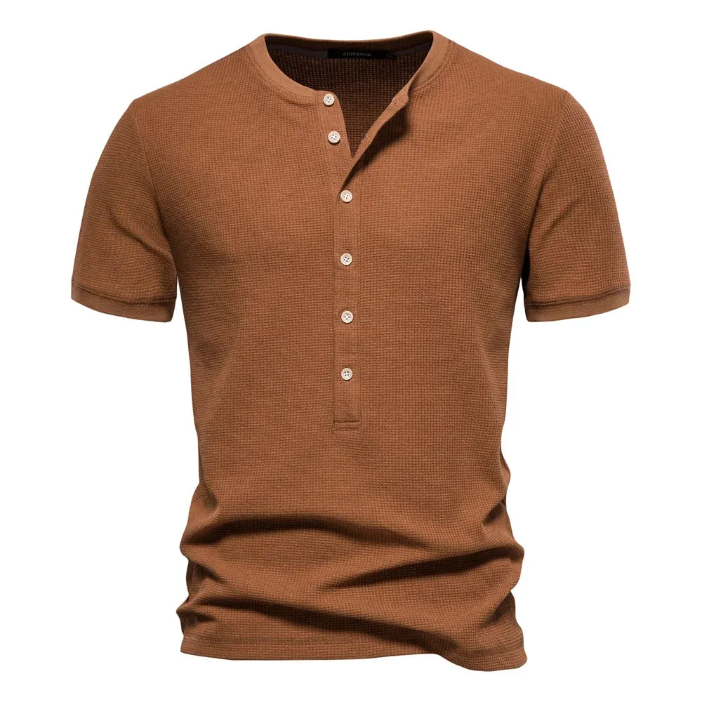 Cotton Waffle Henley T-Shirt for Men Solid Color Casual Short Sleeve Men's T-shirt New Summer Designer Tops Tee Male