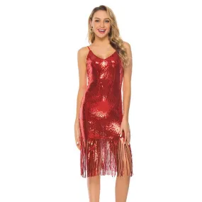 Deep V-Neck Sequined Fringed Backless Slip Dress