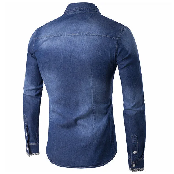 Denim Stylish Shirts for Men Blue Printing Chest Pockets