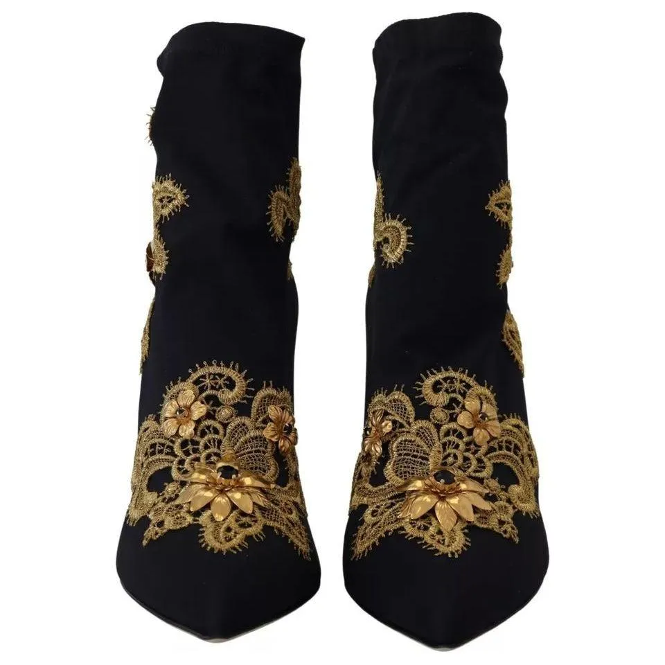 Dolce & Gabbana Black Gold Embroidery Slip On Boots Shoes