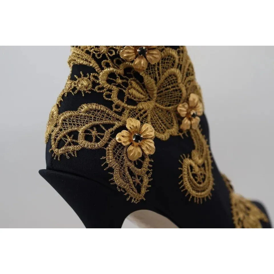 Dolce & Gabbana Black Gold Embroidery Slip On Boots Shoes