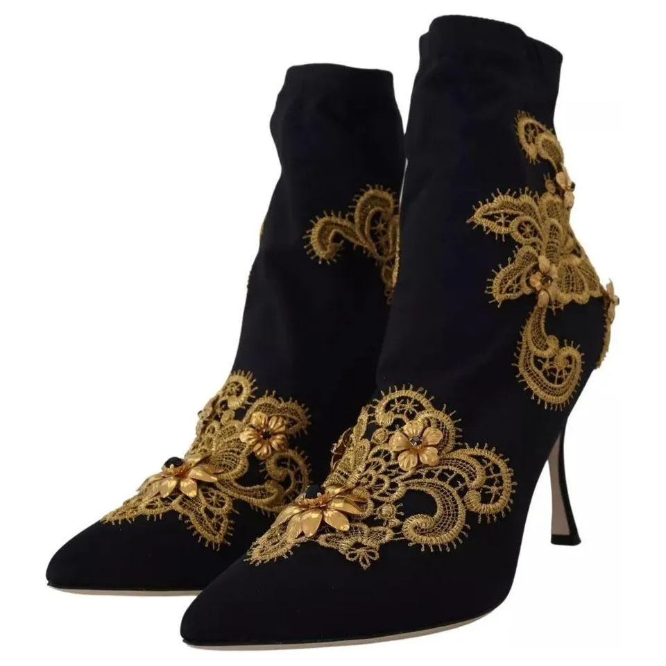 Dolce & Gabbana Black Gold Embroidery Slip On Boots Shoes