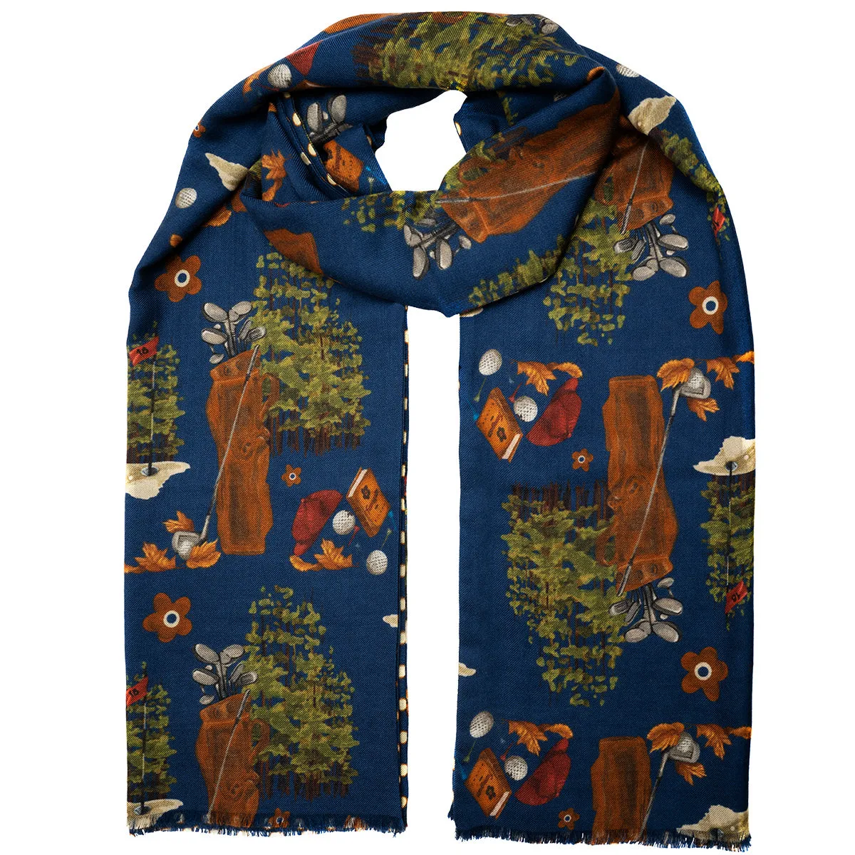 Double scarf in cashmere silk with golf design on blue