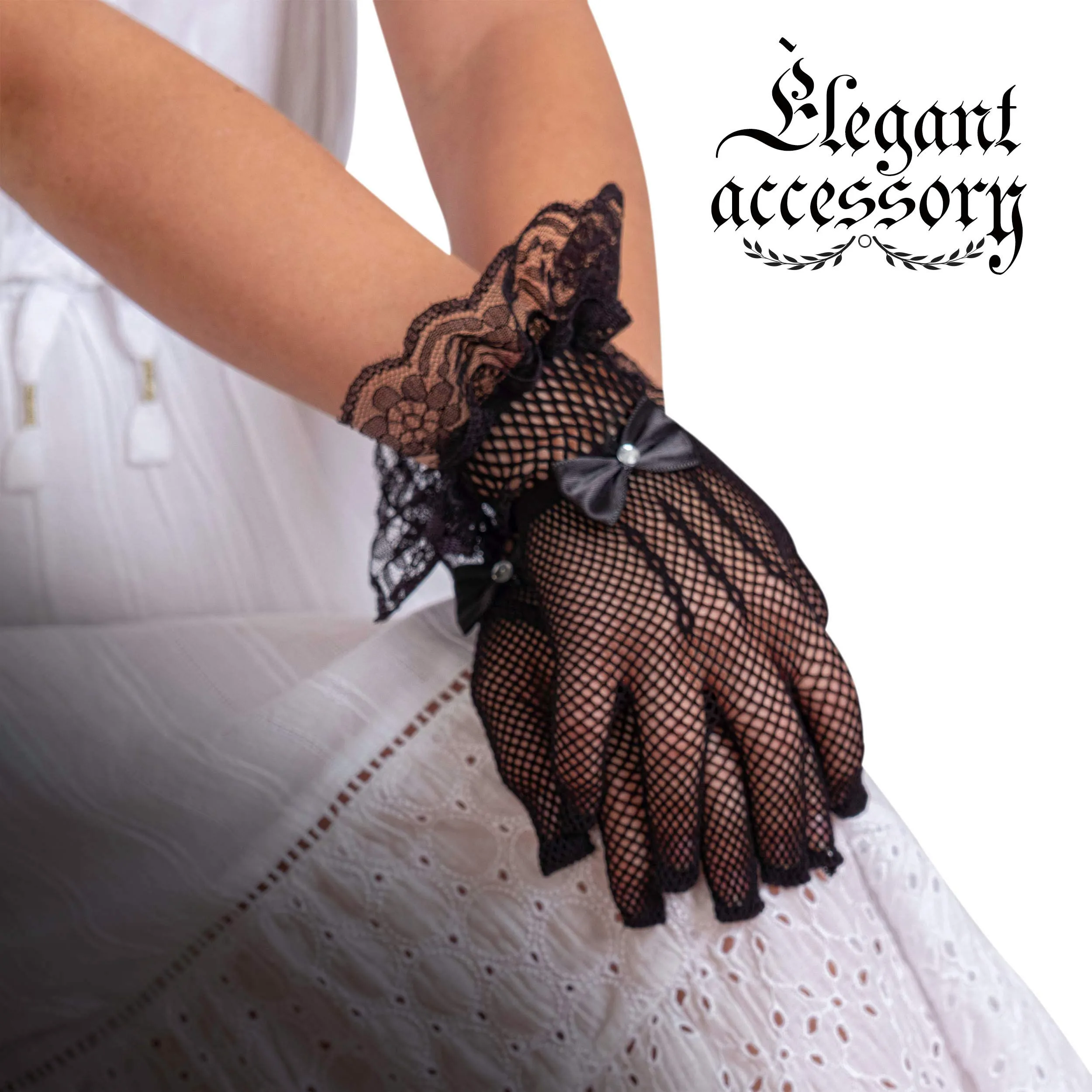 Dress Lace Hand Gloves - Vintage Formal Black Sheer Evening Gloves with Satin Bow and Lace Ruffle Wrist Cuffs for Women and Girls