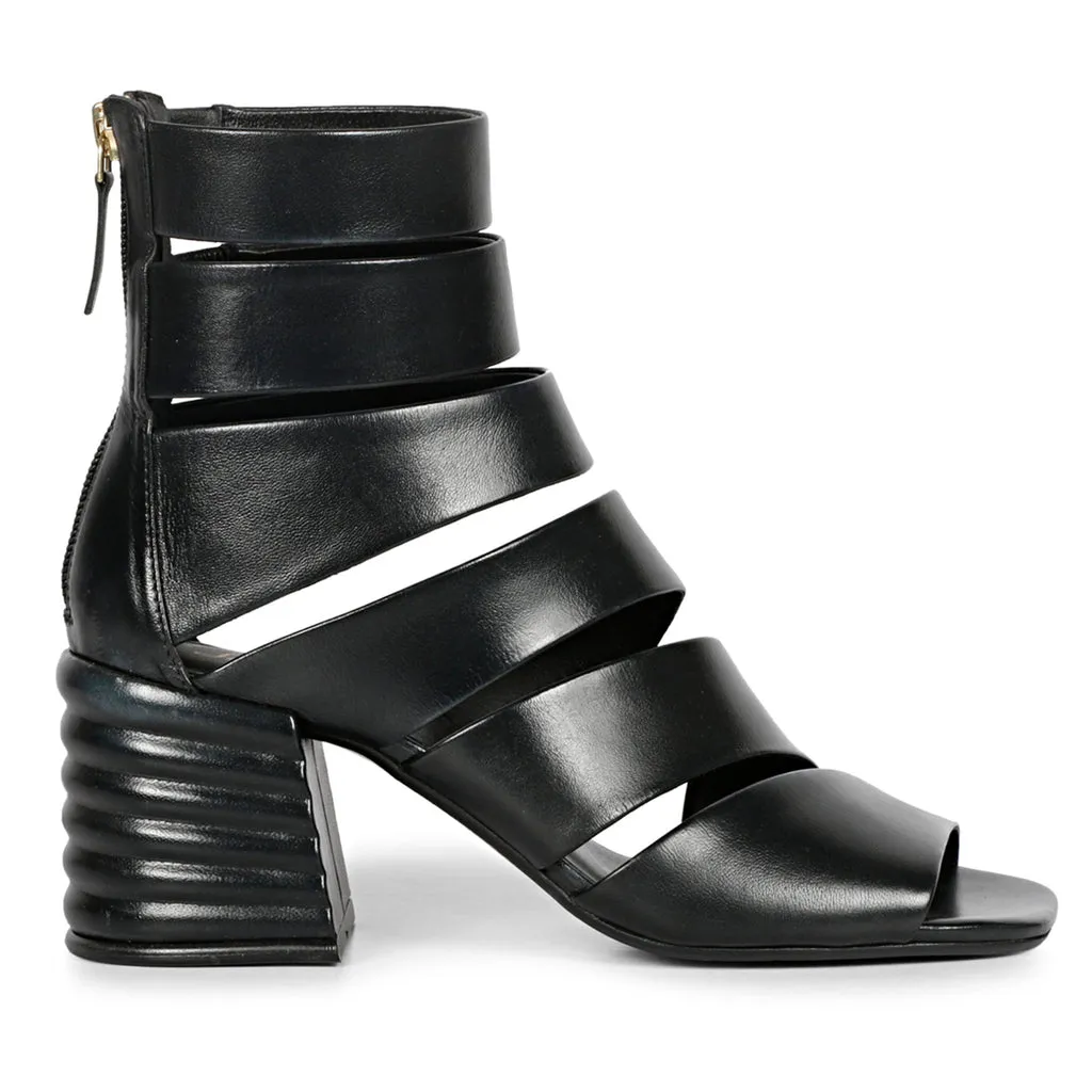 Elena Black Leather Handcrafted Strappy Block Heels