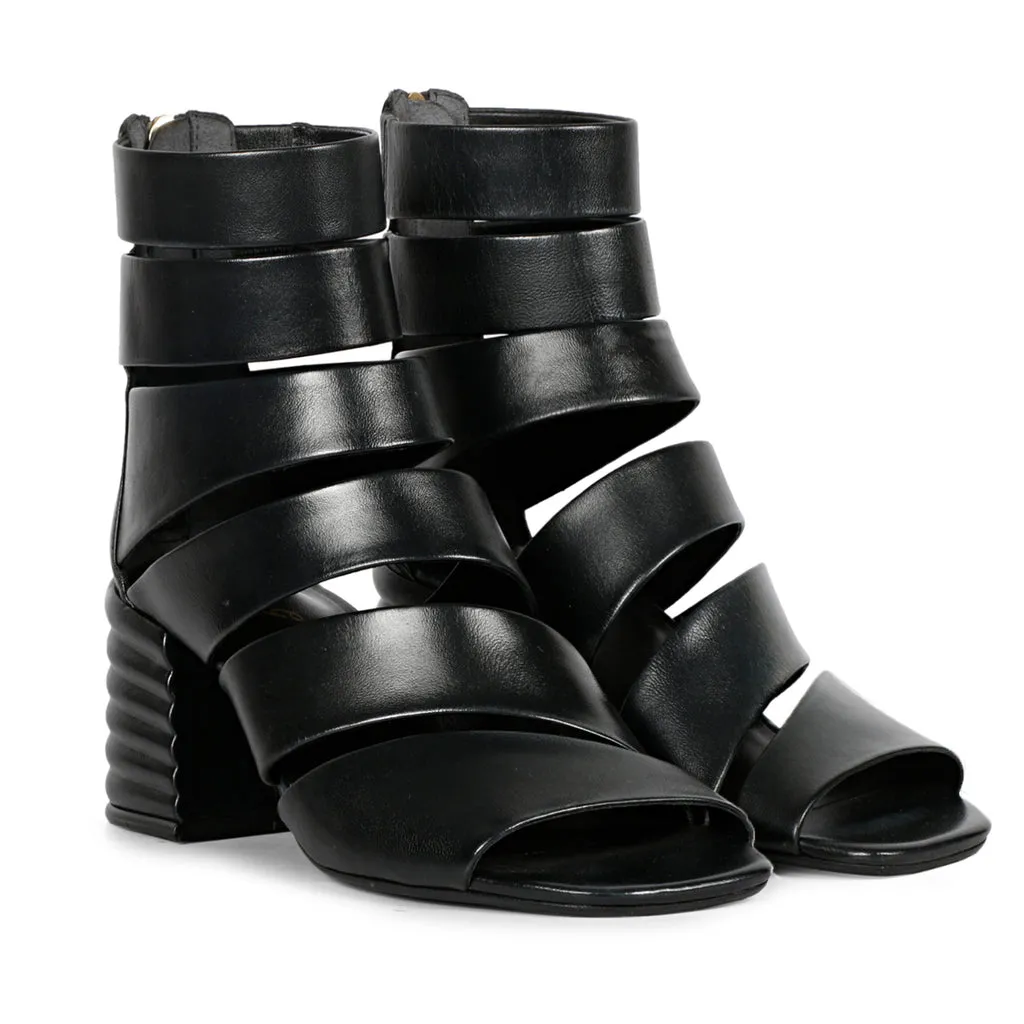 Elena Black Leather Handcrafted Strappy Block Heels