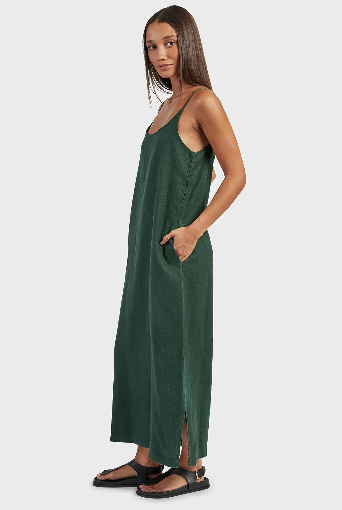 Essential Linen Slip Dress in Sherwood Green