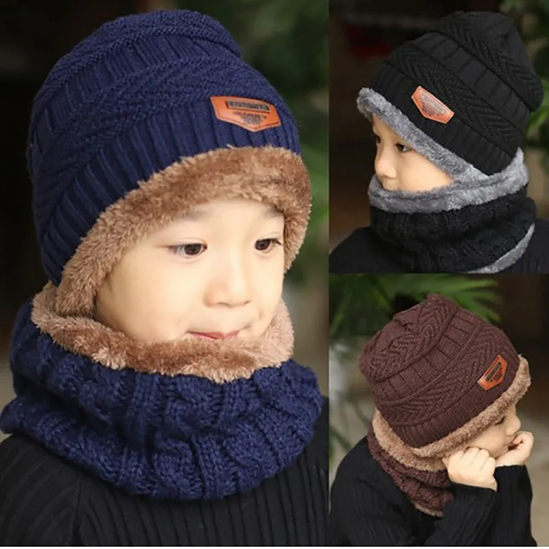 Evrfelan Children Winter Warm Knitted Hat Cap with Scarves Thickened Wool Hat&Scarf 2 Pieces Winter Accessories Boys Girls