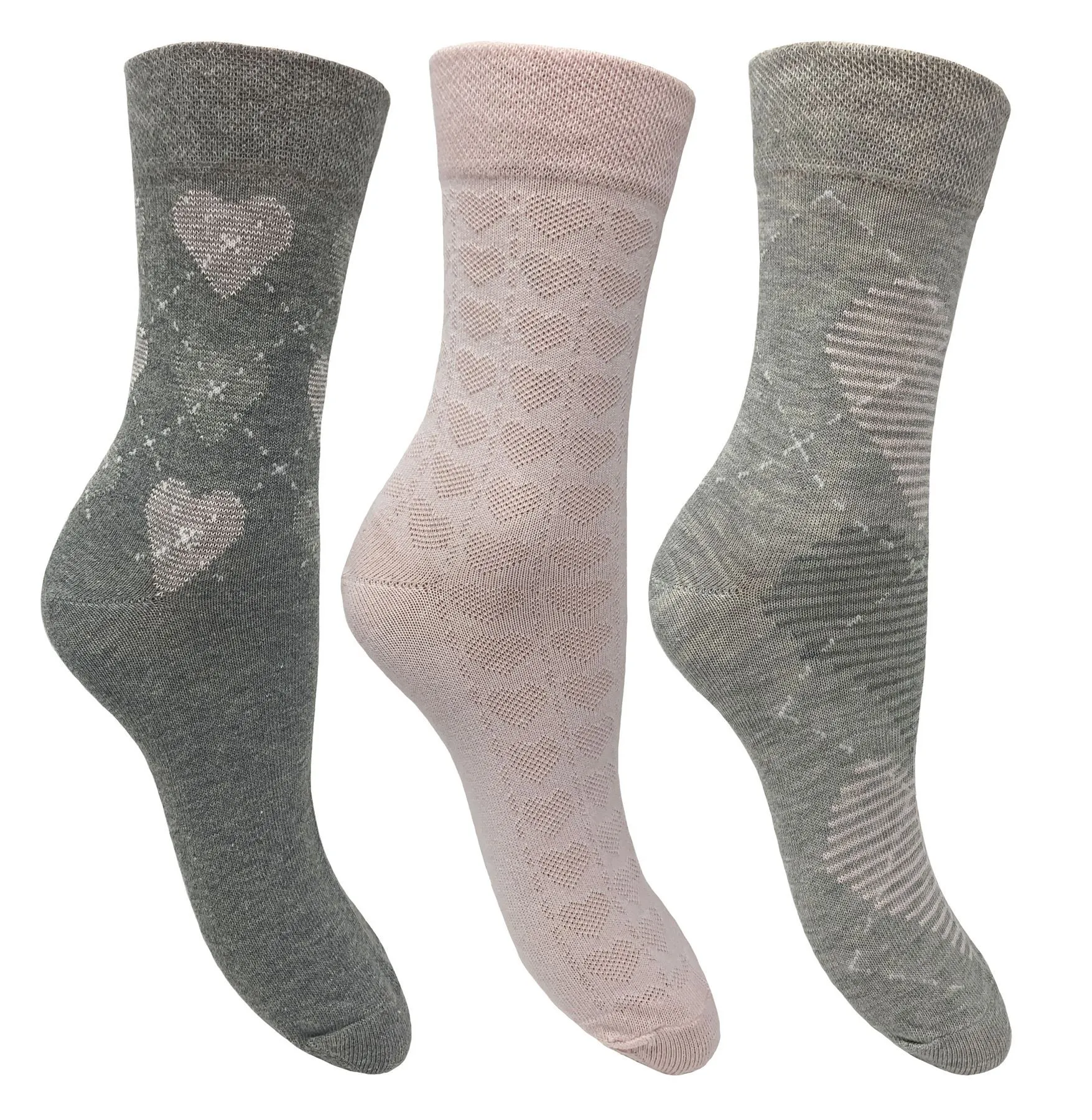 Flexitop 3 Pack Womens Cotton Rich Socks - Pink/Grey Heart