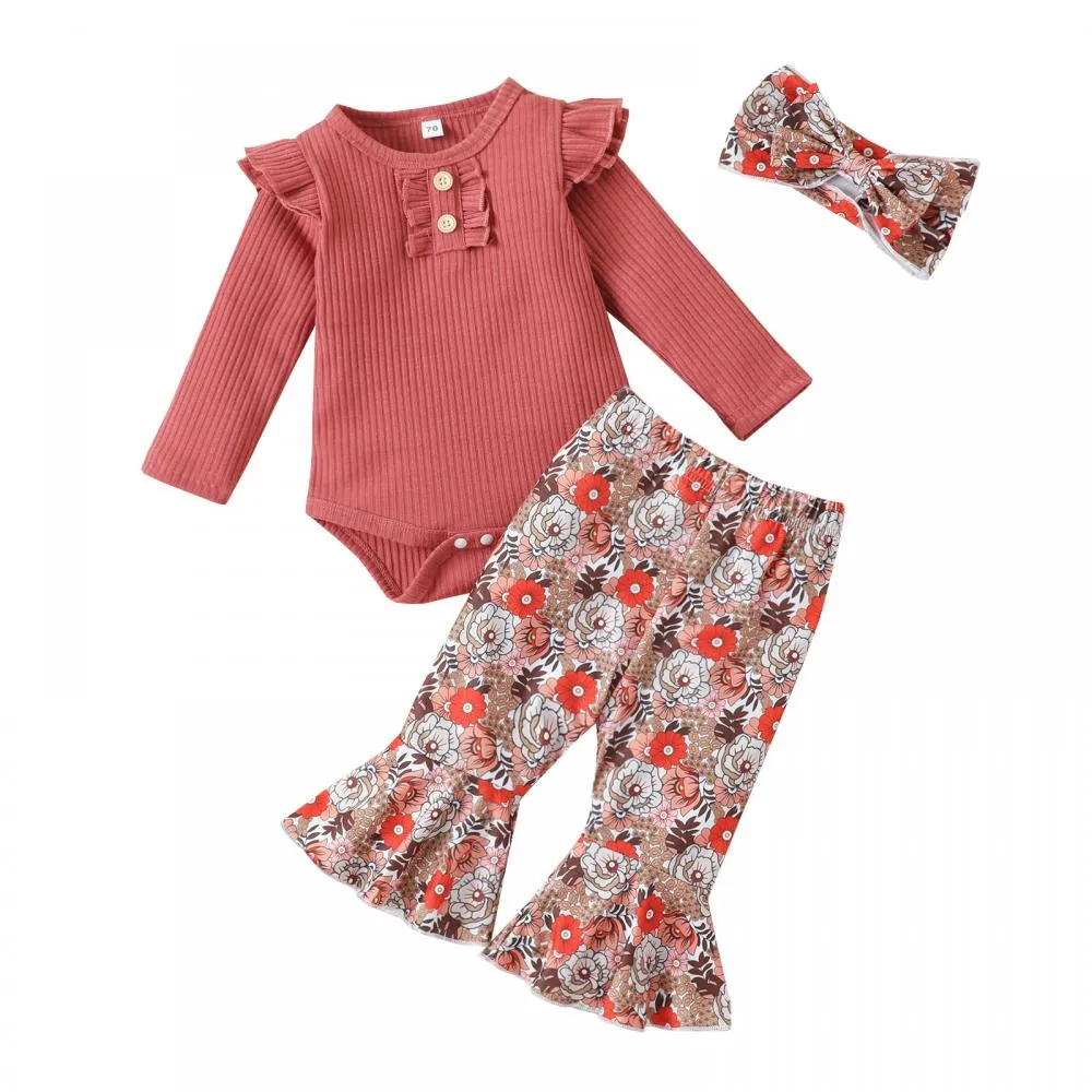 Girls Autumn Solid Color Pit Strip Romper Flared Trousers Hairband Three-piece set Wholesale Baby Children Clothes