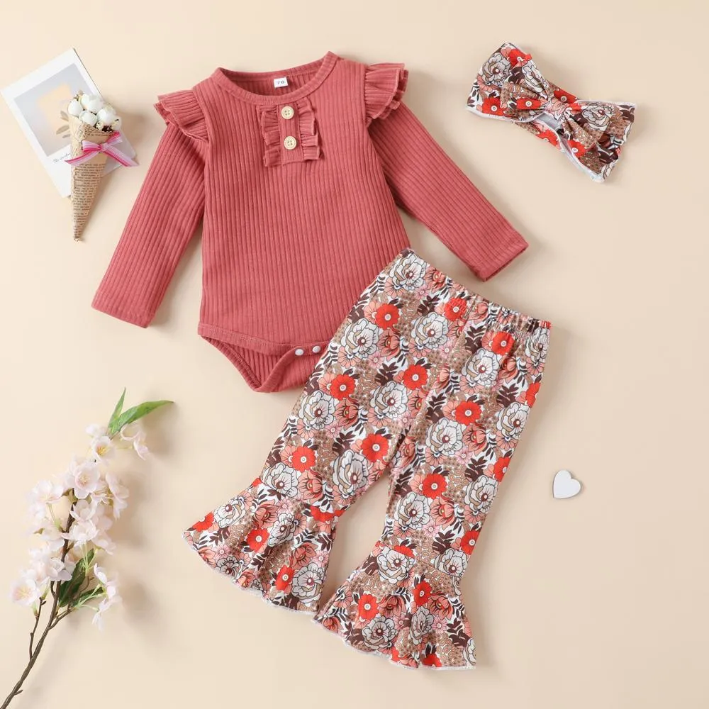 Girls Autumn Solid Color Pit Strip Romper Flared Trousers Hairband Three-piece set Wholesale Baby Children Clothes