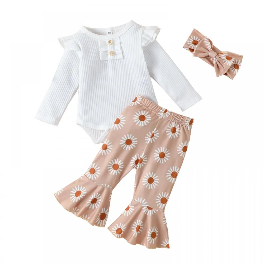 Girls Autumn Solid Color Pit Strip Romper Flared Trousers Hairband Three-piece set Wholesale Baby Children Clothes