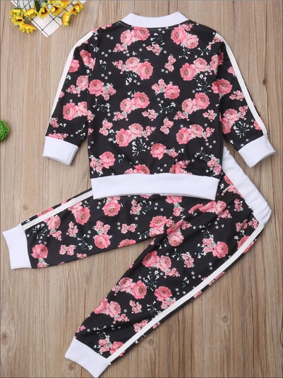 Girls Fall Casual Floral Print Sweatshirt And Jogger Pants Set