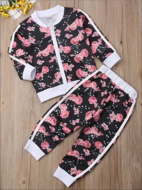 Girls Fall Casual Floral Print Sweatshirt And Jogger Pants Set