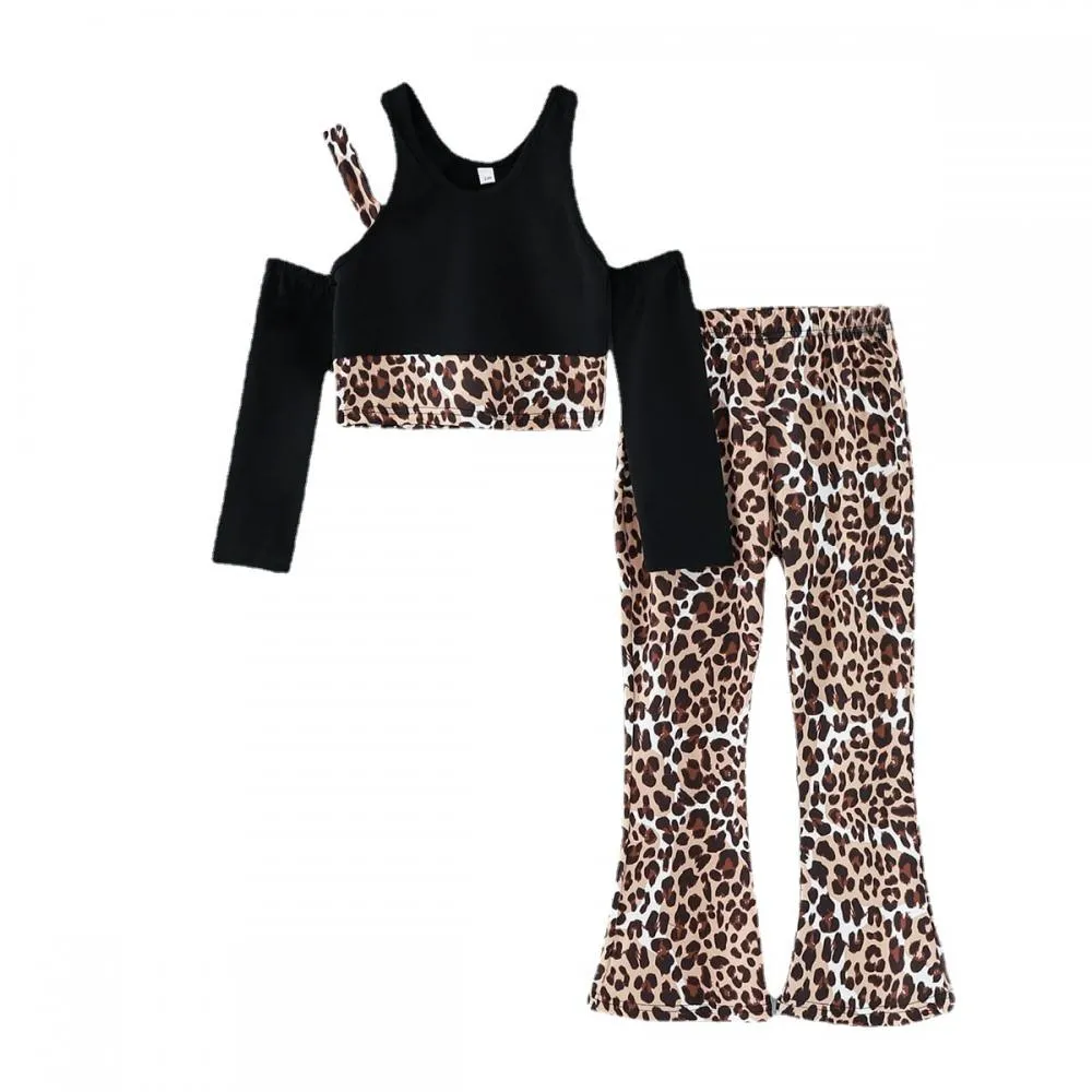 Girls Spring and Autumn Off-the-shoulder Long-sleeved Top Leopard Print Flared Pants Suit Wholesale