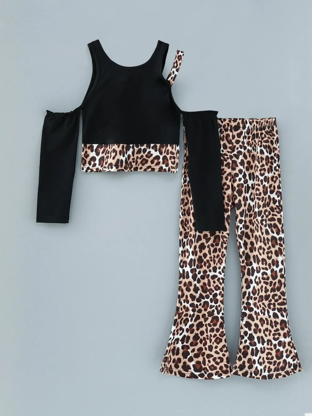 Girls Spring and Autumn Off-the-shoulder Long-sleeved Top Leopard Print Flared Pants Suit Wholesale