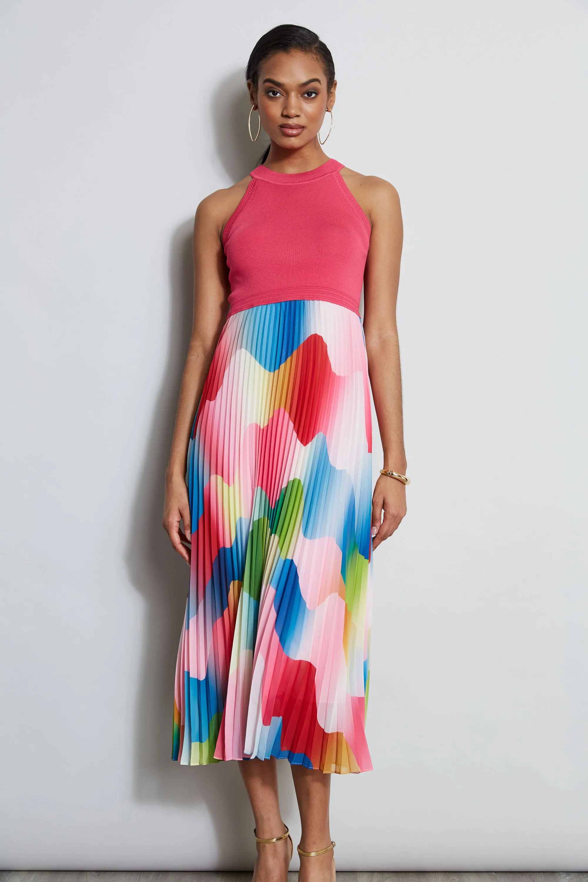 Halter Pleated Print Midi Dress