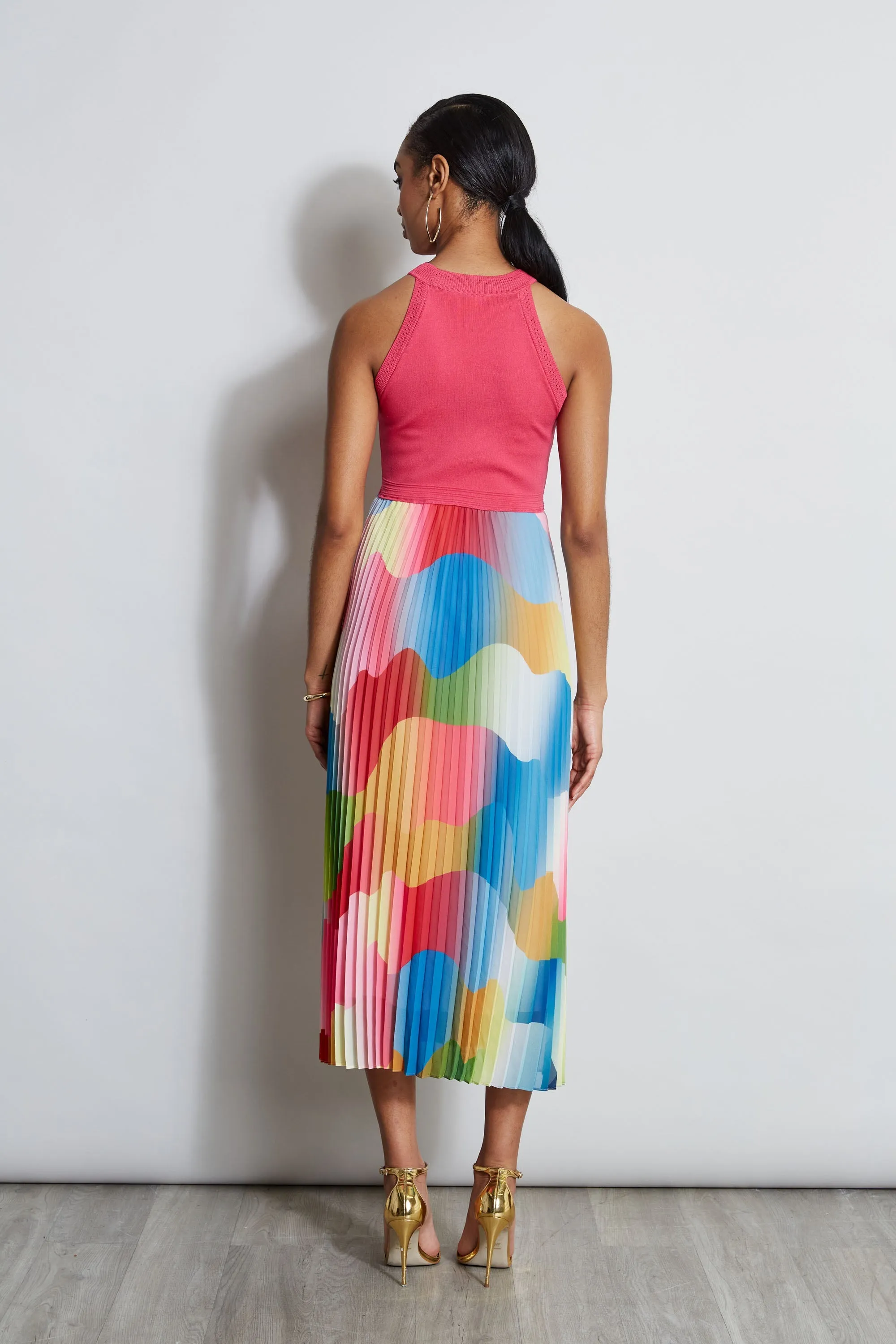 Halter Pleated Print Midi Dress