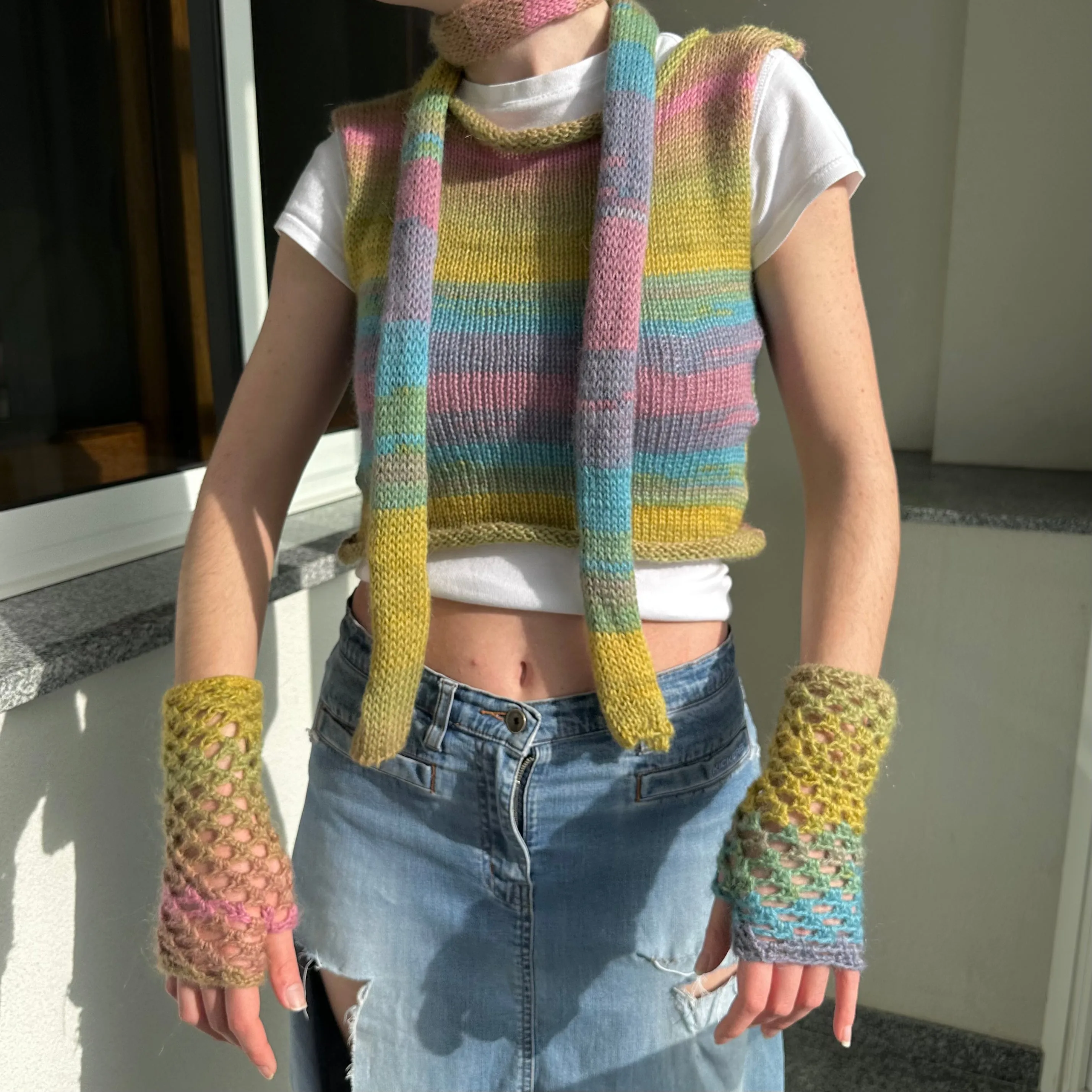 Handmade dusky rainbow crochet fishnet hand warmers