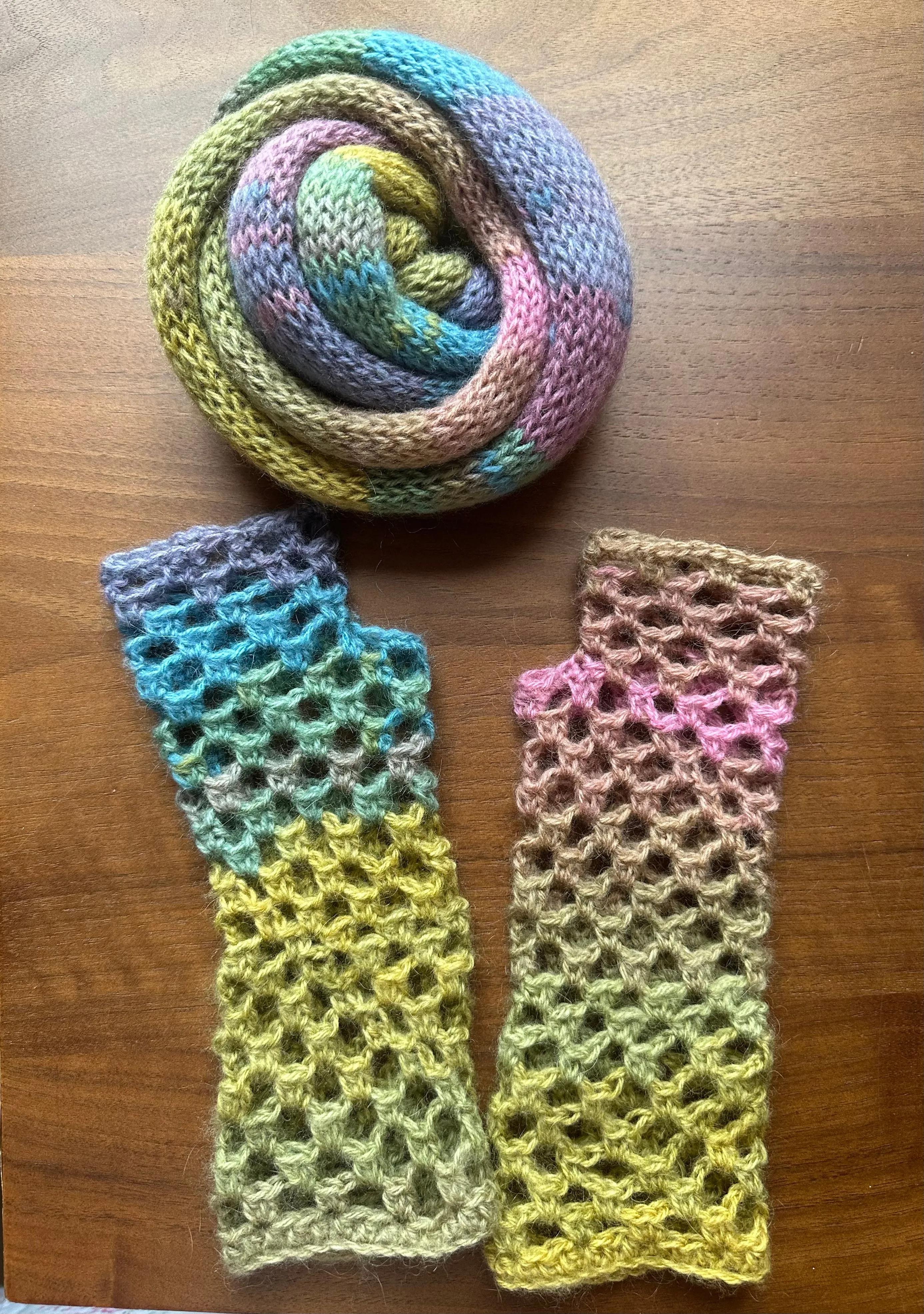 Handmade dusky rainbow crochet fishnet hand warmers