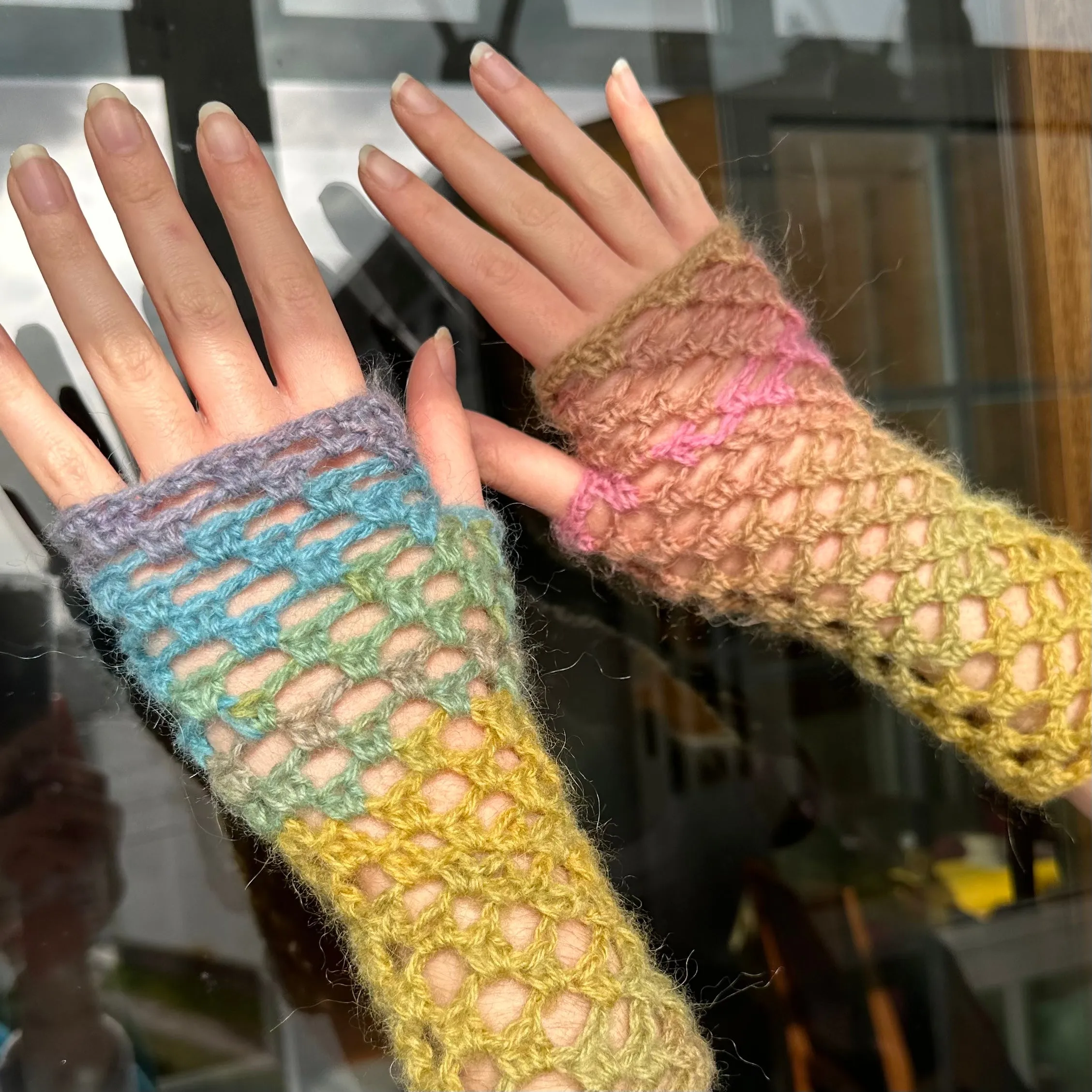 Handmade dusky rainbow crochet fishnet hand warmers