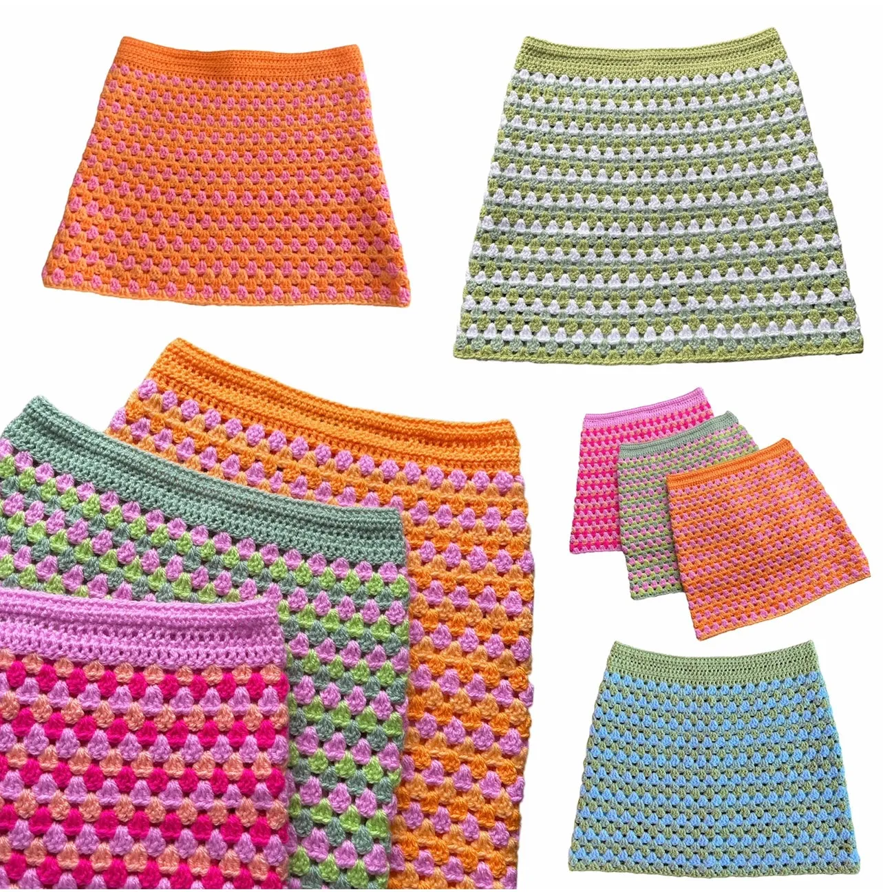 Handmade retro crochet mini skirt in pink and peach