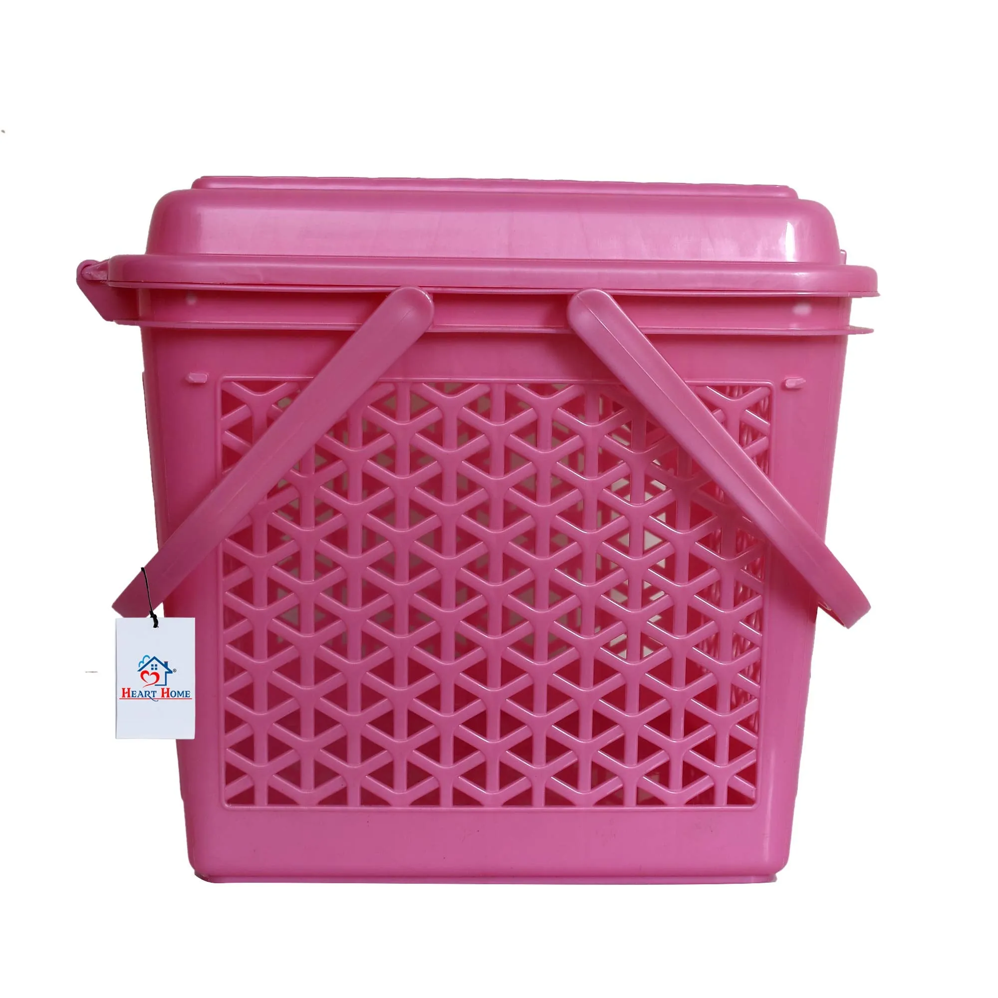 Heart Home Plastic Trendy Shopping Storage Basket Bin with Handles for Shower, Closet, Kitchen, Garden, Bathroom, Toys (Pink, Small)