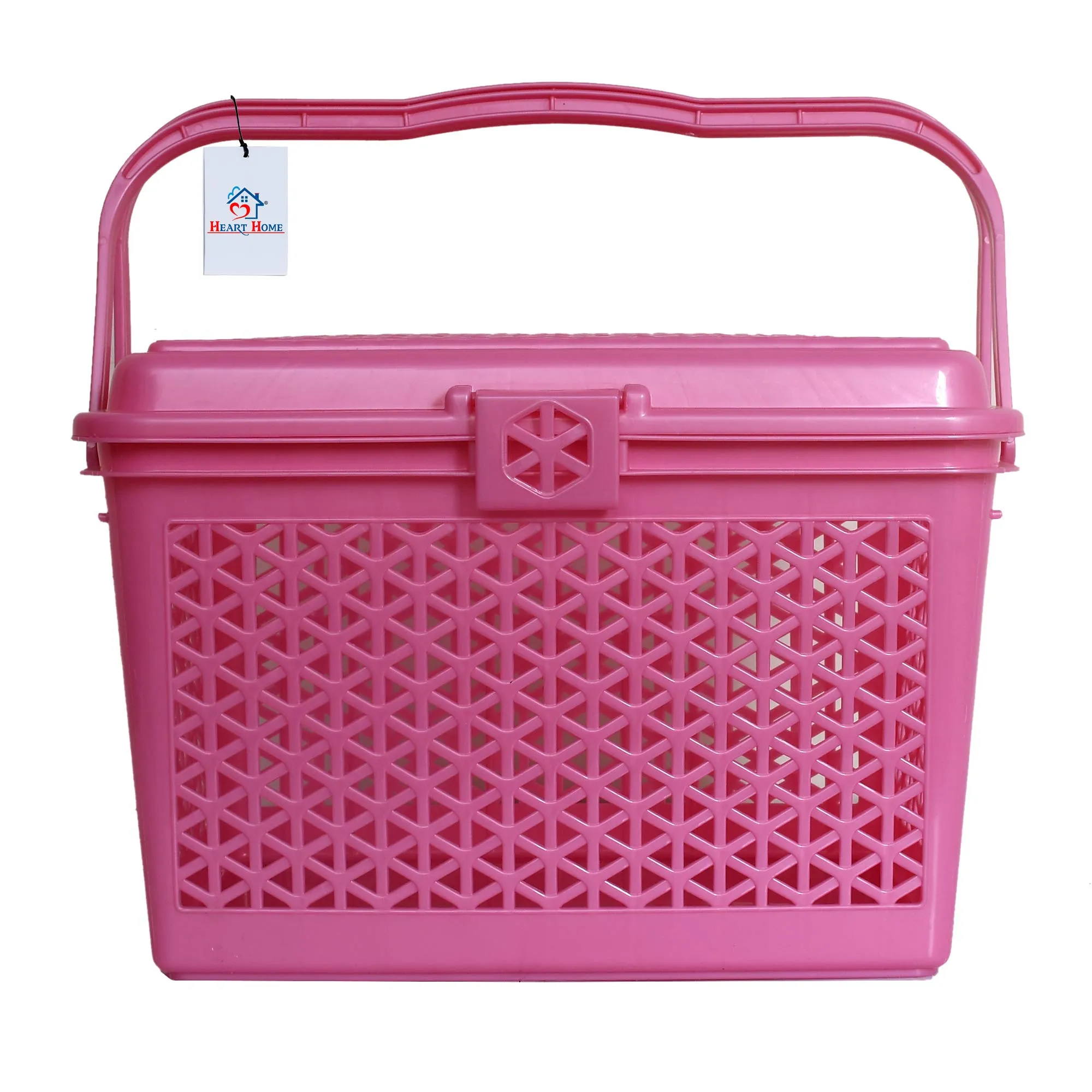 Heart Home Plastic Trendy Shopping Storage Basket Bin with Handles for Shower, Closet, Kitchen, Garden, Bathroom, Toys (Pink, Small)