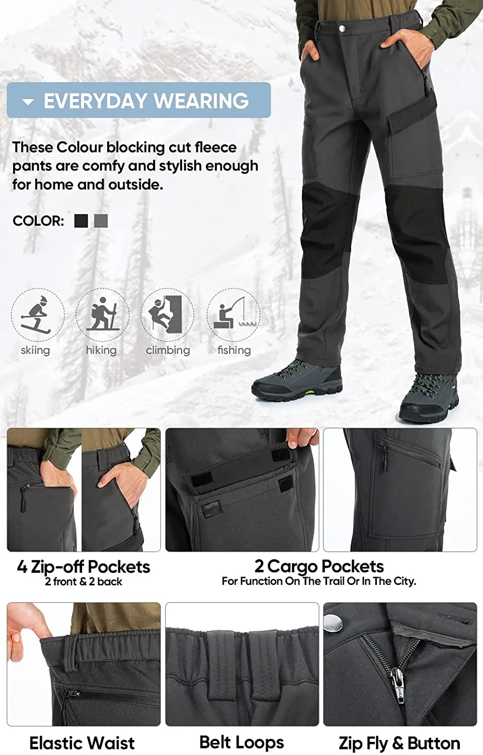 Hiauspor Men's Ski Snow Pants Waterproof Fleece Lined Insulated Winter Pants