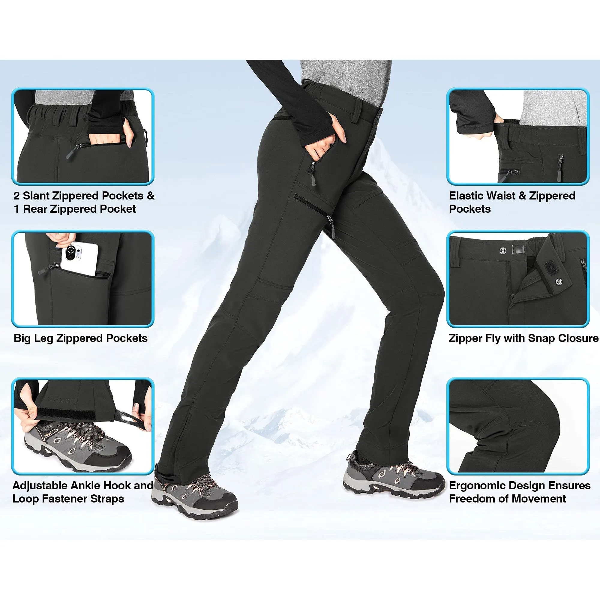 Hiauspor Women's Waterproof Hiking Pants Fleece Lined Ski Snow Winter Cargo Pants