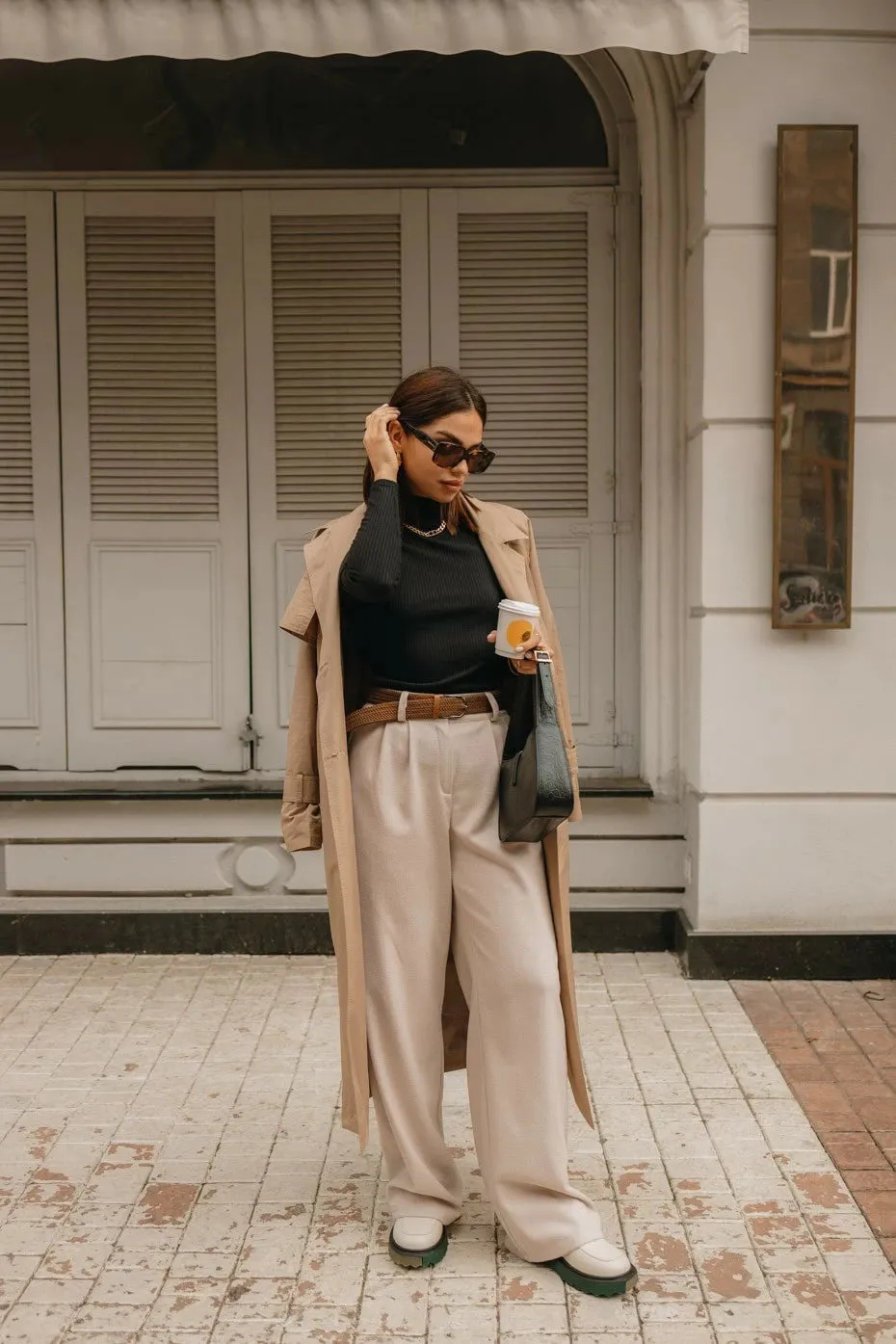 High Rise Wide Leg Trousers With Pockets Coffee Color