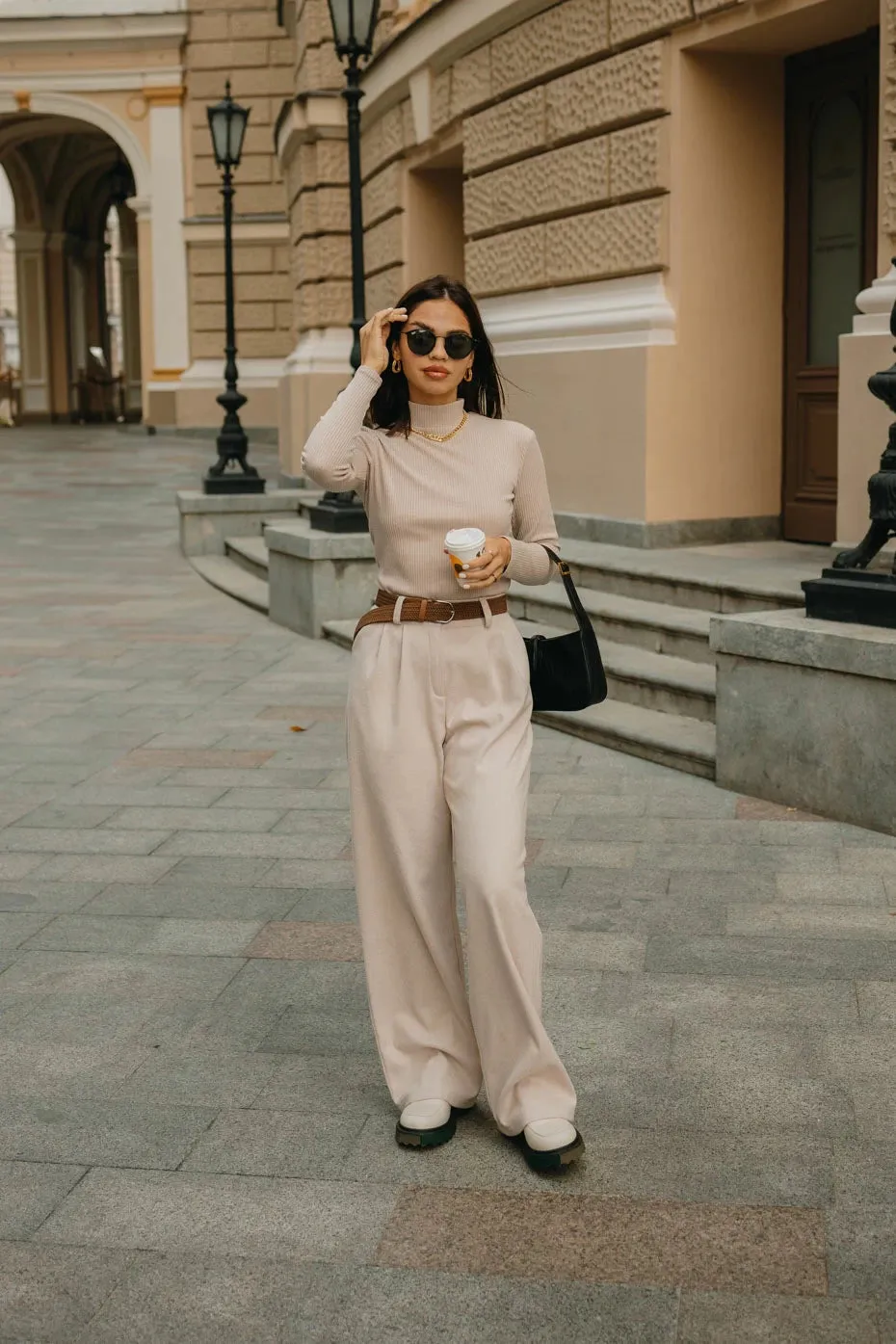 High Rise Wide Leg Trousers With Pockets Coffee Color