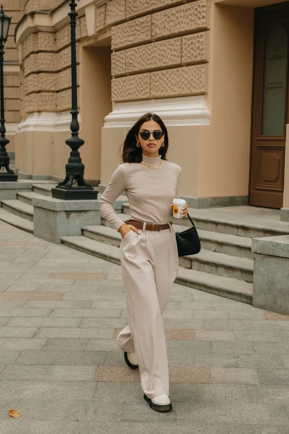 High Rise Wide Leg Trousers With Pockets Coffee Color