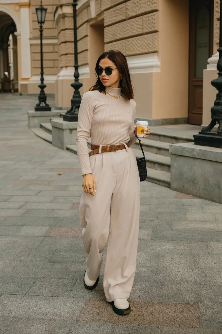 High Rise Wide Leg Trousers With Pockets Coffee Color