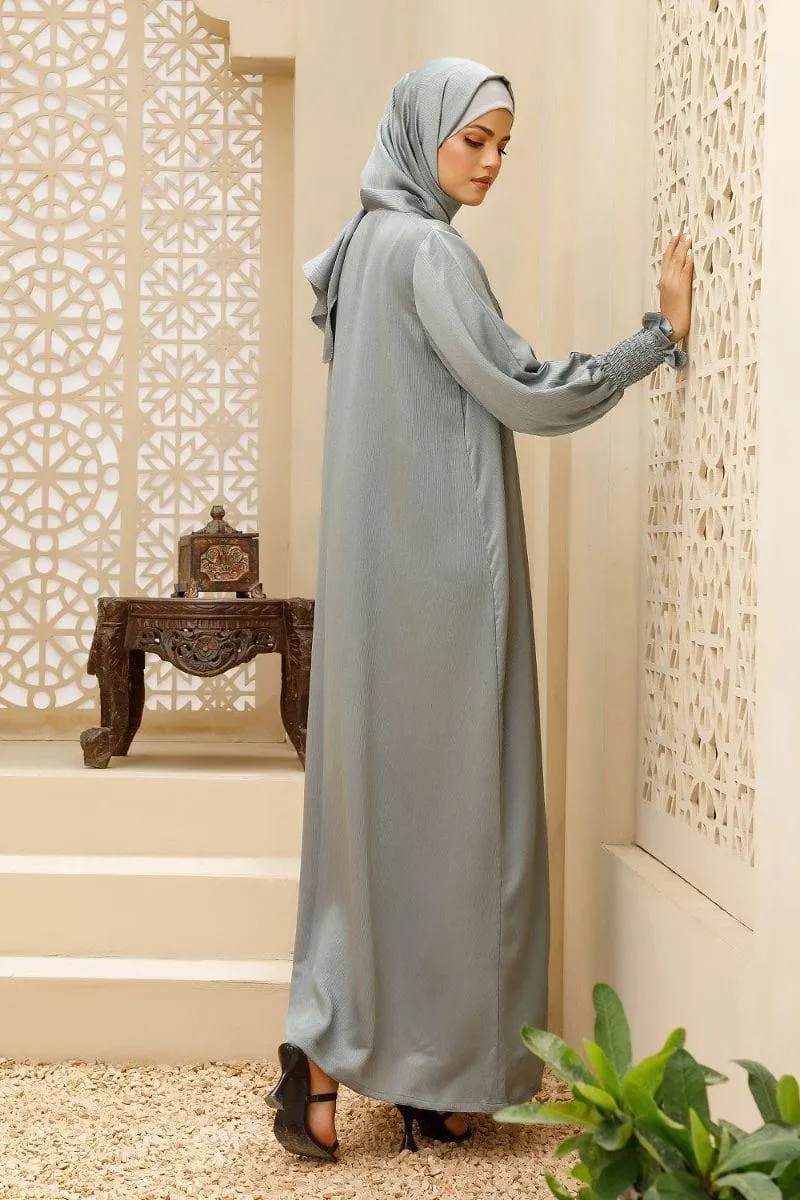 Hijabi - Smocked Sleeve Front-Open Abaya - Grey