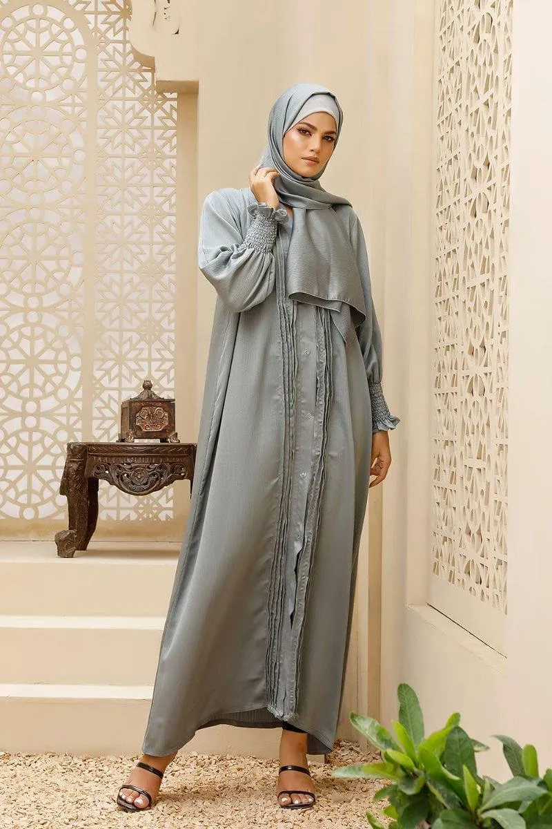 Hijabi - Smocked Sleeve Front-Open Abaya - Grey