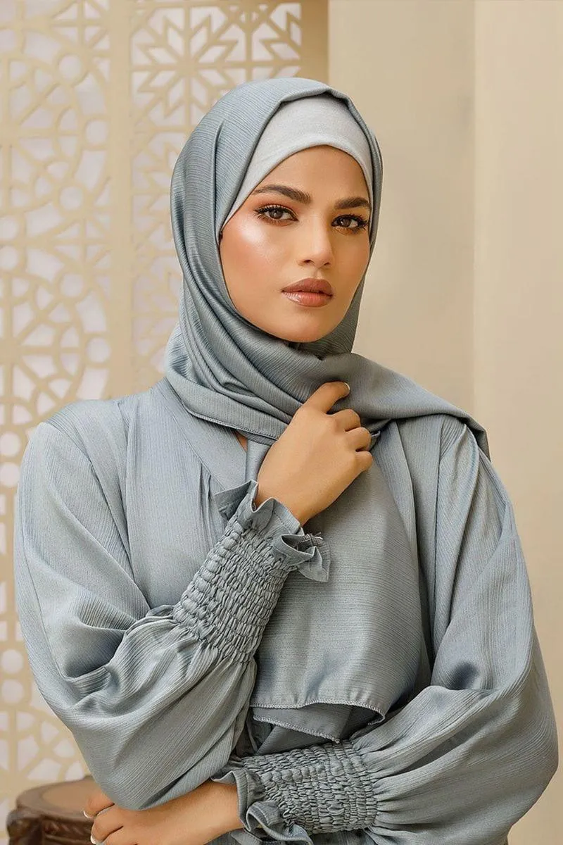 Hijabi - Smocked Sleeve Front-Open Abaya - Grey