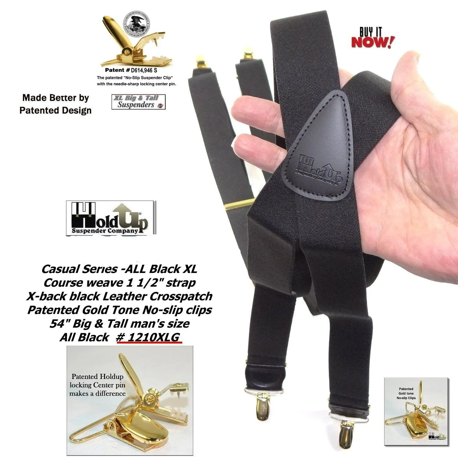 HoldUp Brand XL Big and Tall All Black X-back Suspenders with Gold tone USA patented No-slip Clips