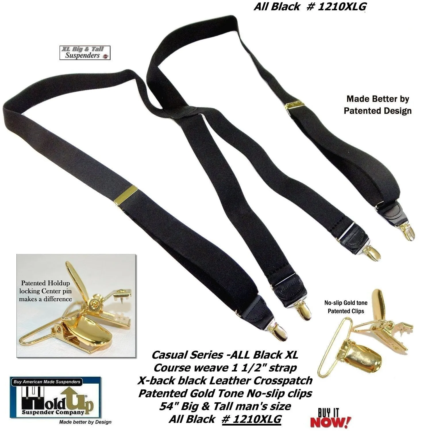 HoldUp Brand XL Big and Tall All Black X-back Suspenders with Gold tone USA patented No-slip Clips