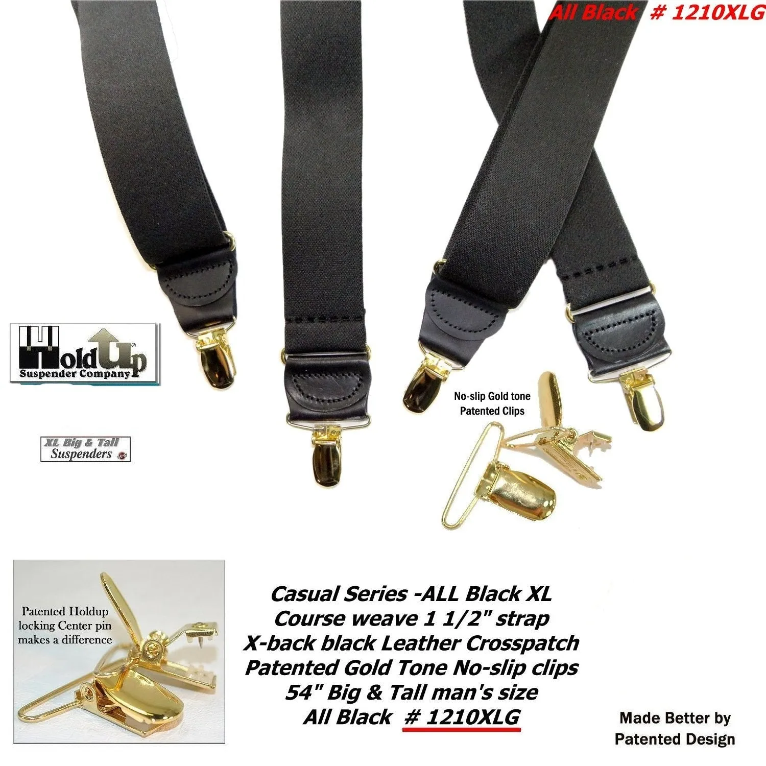 HoldUp Brand XL Big and Tall All Black X-back Suspenders with Gold tone USA patented No-slip Clips