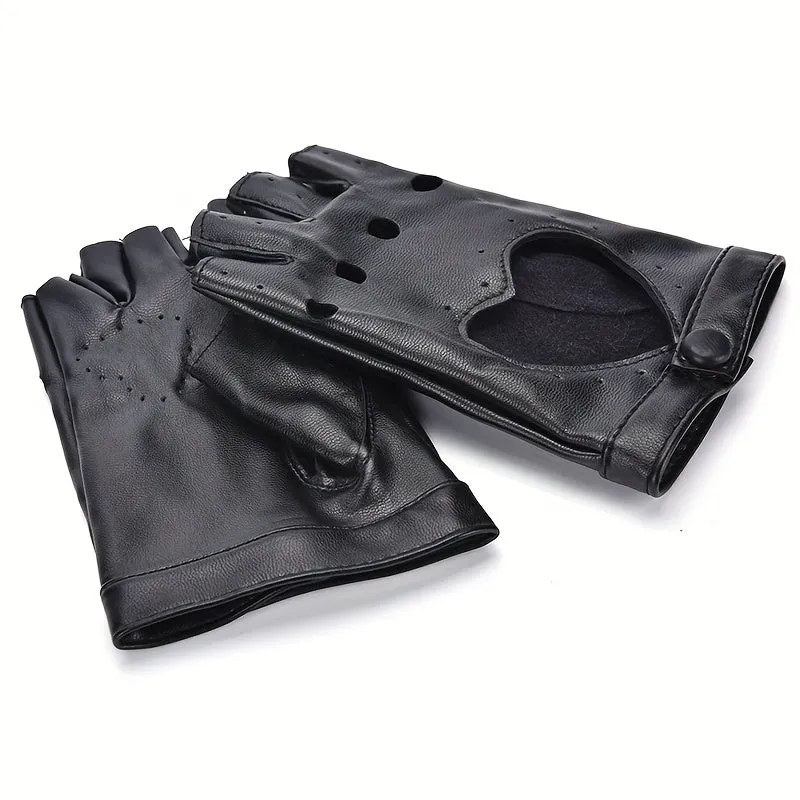 Hollow Out Fingerless Punk Leather Gloves for Driving and Biking