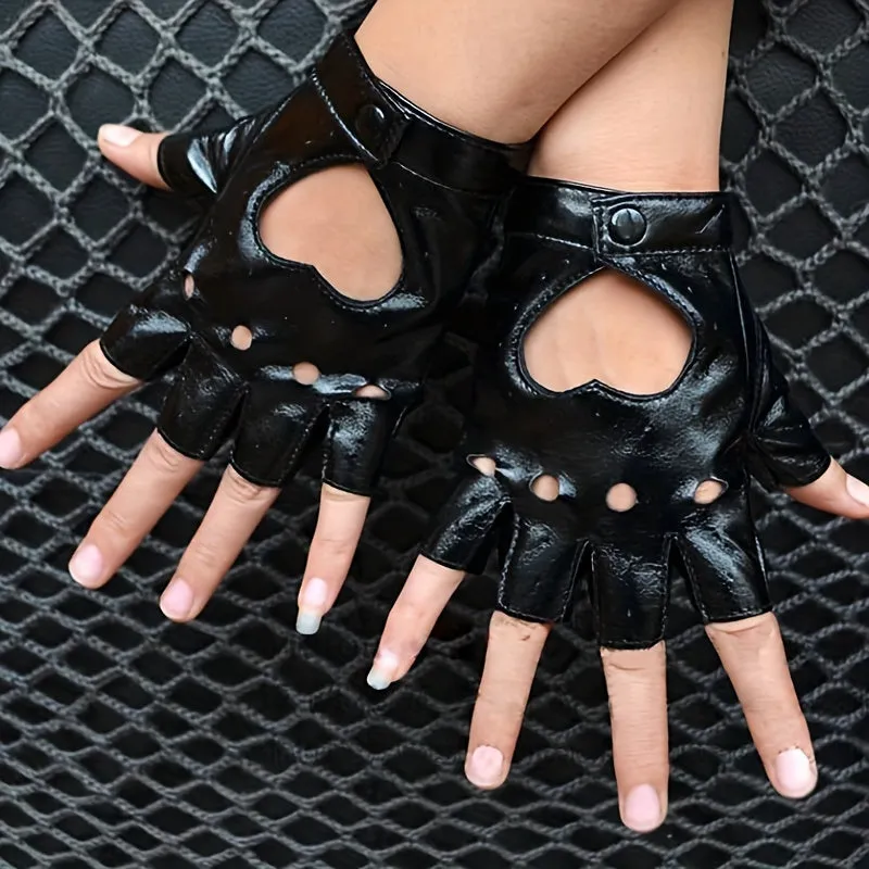 Hollow Out Fingerless Punk Leather Gloves for Driving and Biking