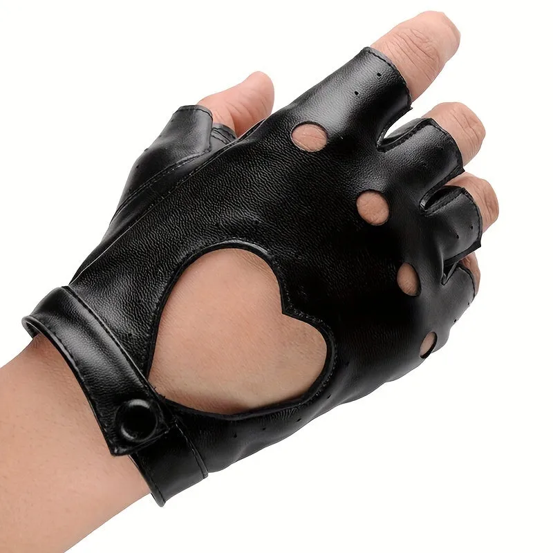 Hollow Out Fingerless Punk Leather Gloves for Driving and Biking