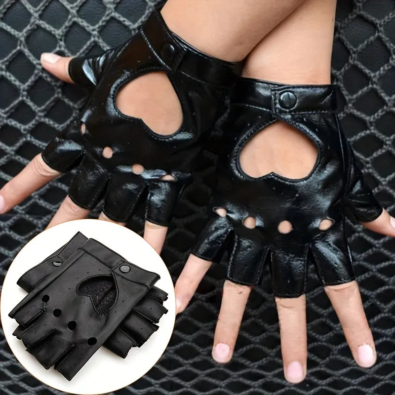 Hollow Out Fingerless Punk Leather Gloves for Driving and Biking