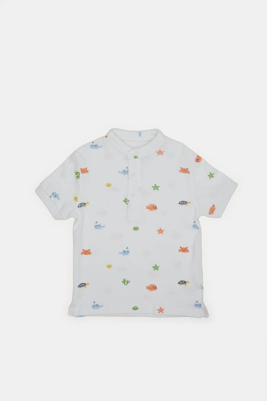 Infant Boys White Sea Fish Printed Henley Polo